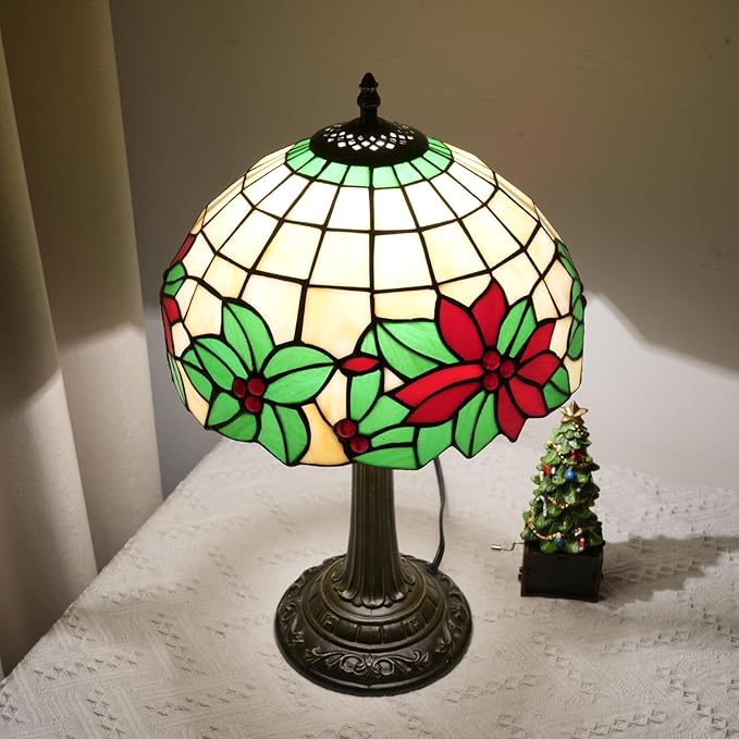 Tiffany Lamp Stained Glass Table Lamp 12 Inch Green Red Christmas Flower Warm Color Reading Lamp Suitable Shops Dormitories Home and Office Decoration Tiffany Style Retro Holiday Home Decoration Gift