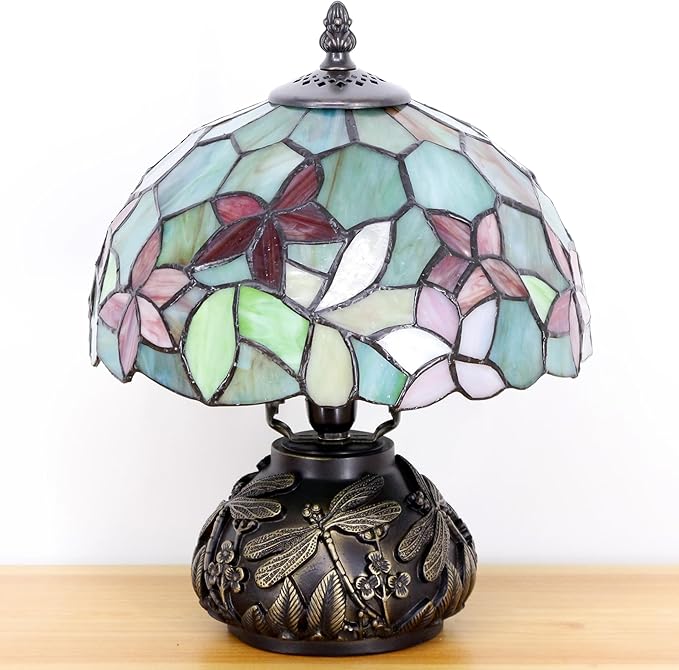 Small Tiffany Table Lamp Red Green Flowers Style Stained Glass Desk Lamp 10X11.5 Inch Mushroom Table Light for Office Home Living Room Bedroom