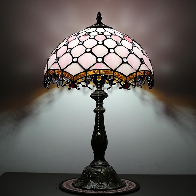 Tiffany Lamp Stained Glass Table Lamp Bedside Table Reading Lamp Living Room Night Light 12-inch Pink Pearl Style Suitable for Home and Office Desktops