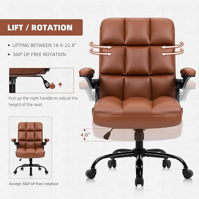 SEATZONE Executive Office Chair Small PU Leather Desk Chair with Wheels,Ergonomic Computer Swivel Rolling Task Chair with Back Support,Brown