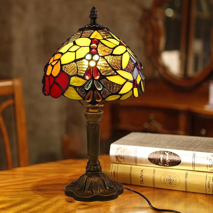 Tiffany Small Table Lamp 3 Color Temperatures Rose and Beads Stained Glass Bedside Nightstand Table Lamps for Bedroom,Living Room,Home Office Reading Desk Lamp+LED Bulb 8X8X15 Inch