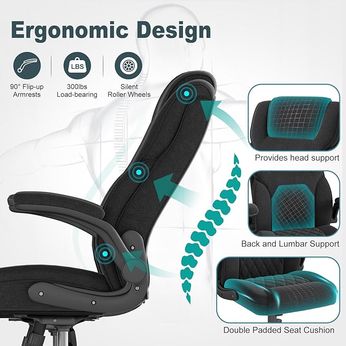 AnyGod Executive Office Chair, Comfy Ergonomic Computer Desk Chairs with Flip-up Armrests, Lumbar Support, High Back, 360° Swivel and Rocking Function for Home Office