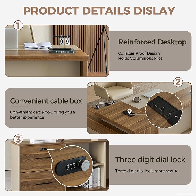 Premium Executive Desk, Modern L Shape Office Executive Desk with Drawers, Lockable Storage & Cable Management (Champagne Wood Grain+Beige/Right,79" L*63" W*30" H)