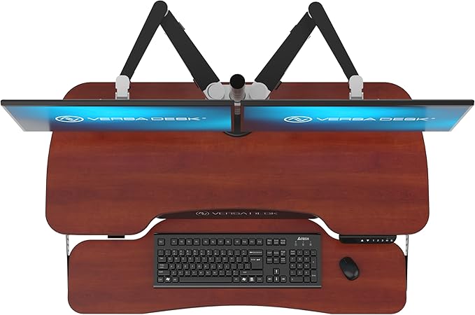 VERSADESK® PowerPro™ Elite 40” x 24" – App Controlled Electric Standing Desk Converter w/USB Charging Port. Raises up to 20”. Fully Assembled – Includes LED Lights. Supports 80 lbs. – Cherry