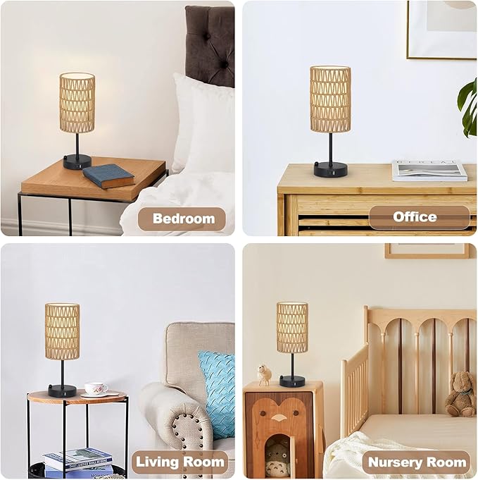 Touch Table Lamp Set of 2 For Bedroom with Bulb, Boho Small Desk Lamp For Living Room With Rattan & Linen Shade, 3 Way Dimmable Bedside Table Lamp For Nightstand With USB Charging Port & Phone Stand