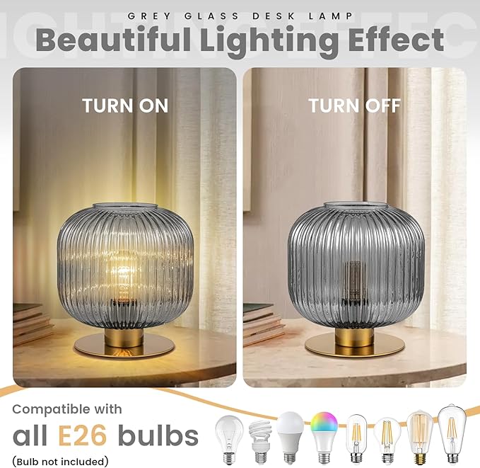 Gray Table Lamps Modern Table Lamp Smoky Glass Lamp Small Bedside Lamp Mid Century Living Room Globe Table Lamp Vintage Bedside Gold Lamp for Bedroom Nightstand