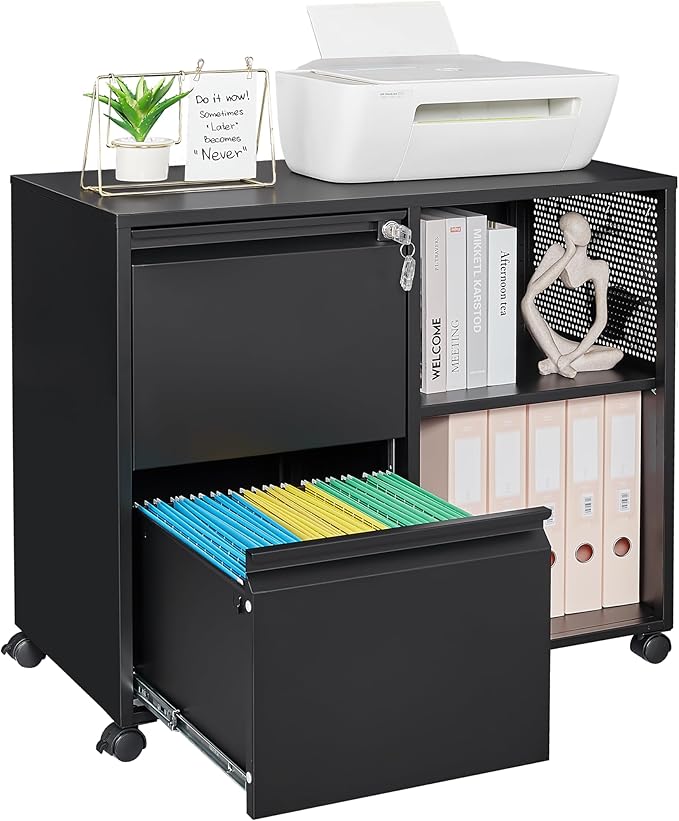 Mobile File Cabinet, 2 Drawer Lateral Filing Cabinet with Lock, Open Storage Cabinet with Adjustable Shelves Fits Letter, A4, Legal Size for Home Office Organization, Black