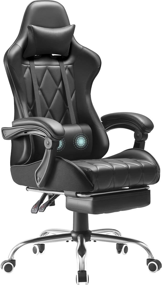Homall Gaming Chair, Computer Chair with Footrest and Massage Lumbar Support, Ergonomic High Back Video Game Chair with Swivel Seat and Headrest (Dark Black)
