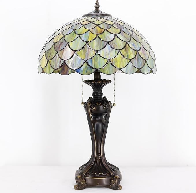Tiffany Stained Glass Table lamp 16X16X24 Inch Brown Fish Scales Style Desk Bedroom Living Room Antique Reading Light (Brown Fish Scales)