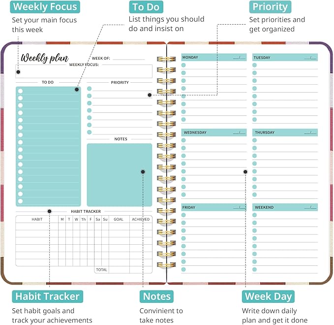 Undated Weekly Planner, Weekly To Do List Notebook with Goal & Habit Tracker Organizer, A5 Weekly Planner Notebook with Spiral Binding, 6.1" x 8.2" - Checkered