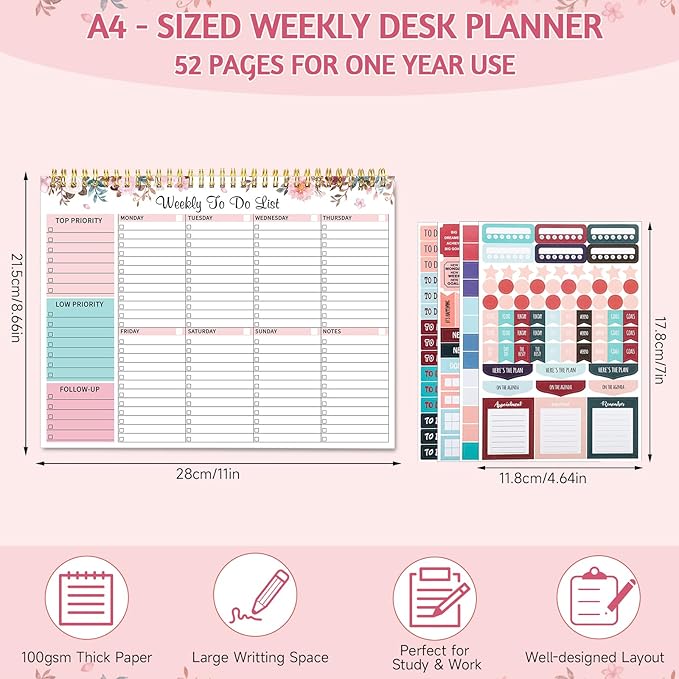 Weekly To Do List Notepad with 52 Undated Sheets, 8.5"×11" Week Desk Planner Undated Weekly Planner with Spiral Bound for Women & Man Home School and Work, Pink