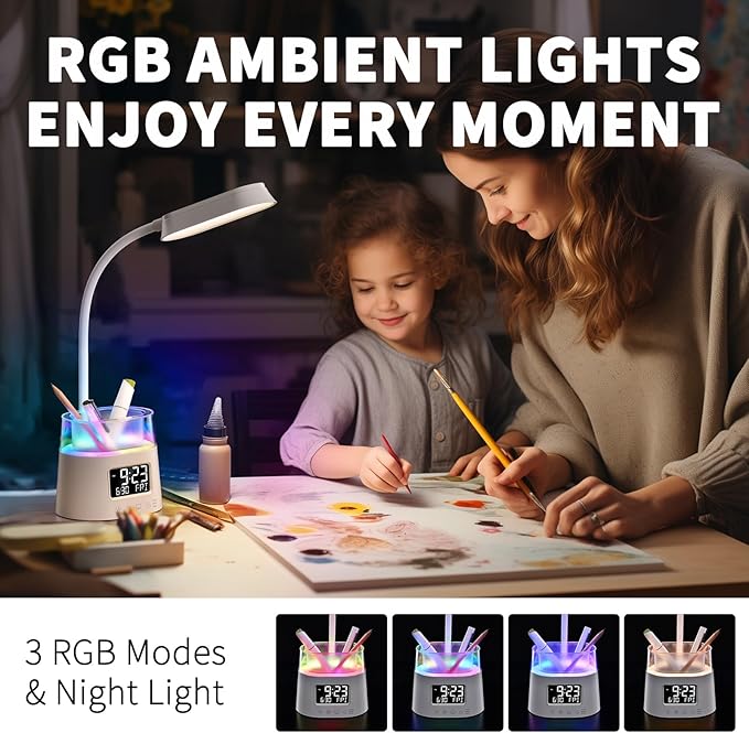 Led Desk Lamp with Pen Holder, Touch Lamps for Nightstand with 3 Color Modes, Eye-Caring Bedside Reading Light with Clock, Office Lamps Stepless Dimming, Lamp for Dorm Room, Suitable for Kid/Girl/Boy