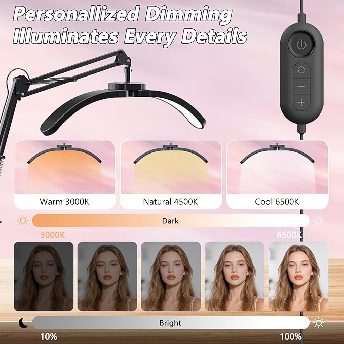 Half Moon Light for Nail Desk, 2-in-1 Foldable Half Moon Desk Lamp, Arch Nail Tech Light with 3 Color Modes & 10 Brightness for Eyelash Beauty, Tattoo, 3000K-6500K - Black