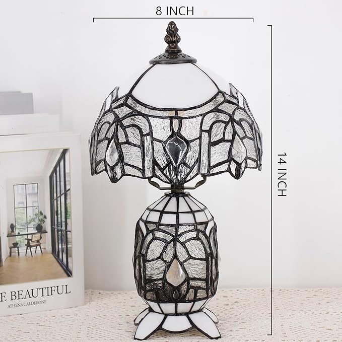 Small Tiffany Lamp Stained Glass Table Lamp Mini Mother Daughter Vase Desk Accent Light for Bedroom Bedside Reading Home Antique Style Decor 8X14 Inches (White)