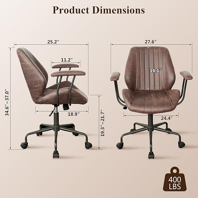 Mid Century Modren Office Chair,High Back Ergonomic Executive Chair with Lumbar Support, Computer Desk Swivel Task Chair with Wheels, Faux Lether Suede Fabric Home Chair (Dark Brown, Mid Back)