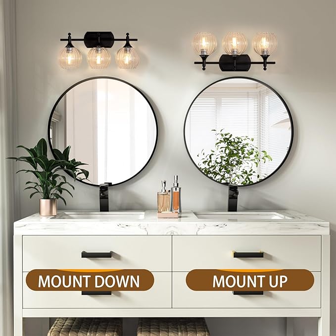 Matte Black Bathroom Vanity Light 3-Light Vanity Lights for Bathroom 10%-100% Dim(Night/Makeup Mode) Warm to Cool Light Switch Fog-Proof & Crystal Shade 20'' Wall Sconce