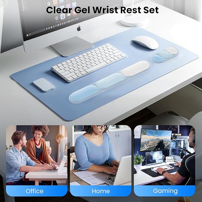 TECKNET Clear Gel Wrist Rest for Computer Keyboard, Ergonomic Gel Keyboard Wrist Rest Set for Typing Pain Relief, Comfortable Silicone Wrist Support Pad for Office/Computer/Laptop/Gaming, Blue