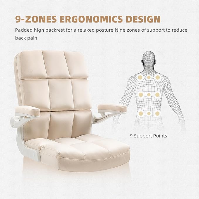 SEATZONE Home Office Chair–Beige Velvet Desk Chair with Wheels, Comfortable Computer Work Chair with Flip-up Arms and Adjustable Tilt