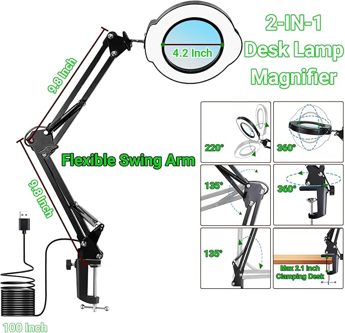 15X Magnifying Glass with Light and Clamp, 5 Color Modes 10 Levels Adjustable Brightness, 2-in-1 Desk Lamp with Clamp, Hands Free Magnifier with Dust Cover for Craft Hobby Reading Repair Close Works