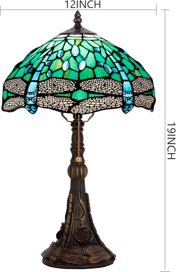Tiffany Stained Glass Table lamp 12X12X19 Inch Green Dragonfly Style Desk Bedroom Living Room Reading Light (Green Dragonfly)