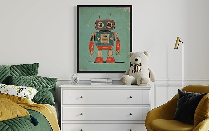 Robot Pop Art Poster Print, Vintage Retro Wall Art Decor Paintings Classic Artwork for Bedroom Living Room Decorations. 43 (Robot, 24 x 36 inches, Black Frame)