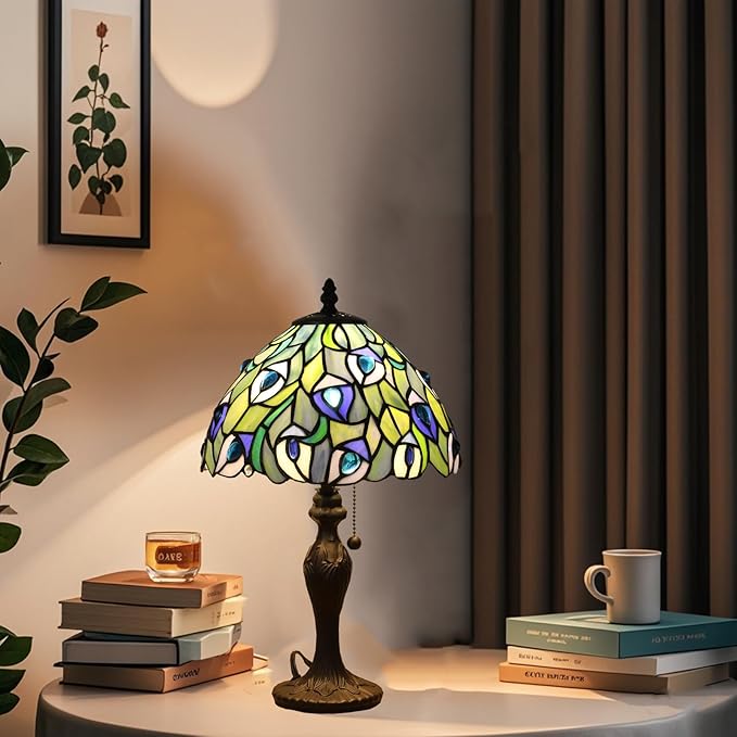 Tiffany Table Lamp for Living Room Blue Phoenix Tail Stained Glass Table Lamps for Bedroom Hand-Made 3 Color Temperature Bedside Nightstand Lamp Home Office Desk Lamp 10.1X10.1X17Inch W/LED Bulb
