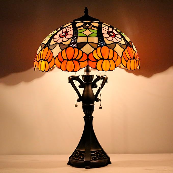 Tiffany Table Lamp 24 Inch High Antique Stained Glass Orange Flower Desk Reading Light Wide 16 Inch for Bedroom Living Room Home Office