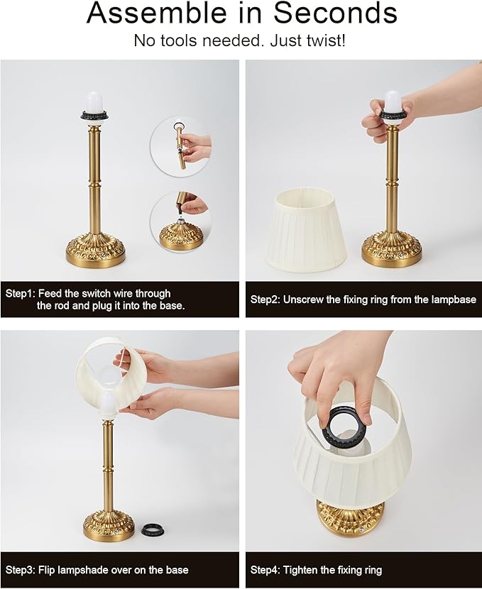 Vintage Brass Cordless Rechargeable Table Lamp with Fabric Shade – Small Battery Operated Lamp, 3-Level Dimmer, Portable Wireless Lighting for Restaurant Dining Bedside Kitchen Living Room Patio