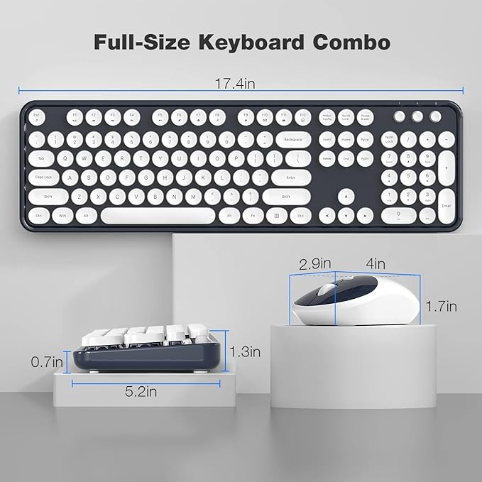 Wireless Keyboard and Mouse Combo - GEEZER Deepblue-White Full-Sized Colorful Keyboard 104 Keys - USB 2.4 G Receiver Plug and Play Round Keycap Typewriter Keyboards, for Windows, PC, Laptop, Desktop