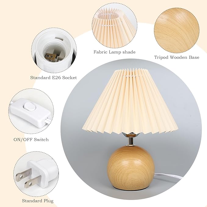 Small Pleated Table Lamp, Bedside Nightstand Lamp with Beige Lampshade, Morden Mini Lamp for Bedroom Home Office Decor, E27 Bulb Included
