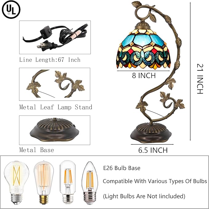 Tiffany Table Lamp, Stained Glass Desk Reading Light,Metal Leaf Table Lamp Base 8X10X21 Inches (Blue Baroque)