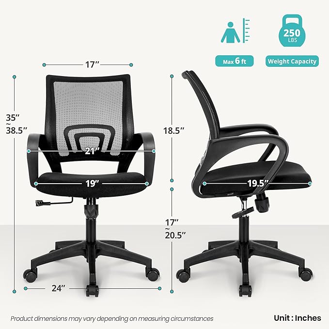Office Chair with Ergonomic Mid Back Cushion Lumbar Support Adjustable Swivel Rolling Computer Gaming Desk Chair Comfy Mesh Seat Wheels Home Executive Use (2 Pack, Black)