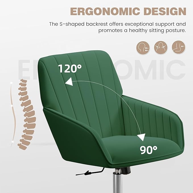 YISHENG Velvet Office Desk Chair with Silver Base, with Wheels,Modern Height Adjustable 360 Degree Swivel Upholstered Vanity Chairs with Arms for Living Room Bedroom,Green