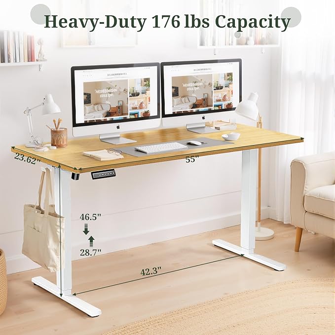 55 x 24 in Electric Standing Desk - Memory Height Adjustable Ergonomic Sit-to-Stand Rising Computer Table Gaming Workstations with 2 Hooks and Wire Hole for Home Office, Natural