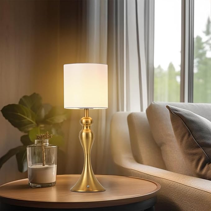 Table Lamp for Bedroom, Cordless Bedside Lamps for Living Room, Touch 3-Way Dimmable Desk Lamp for Night Stands, Rechargeable, Battery Operated Lamp with Fabric Shade for Dorm, Home Office (Brass)