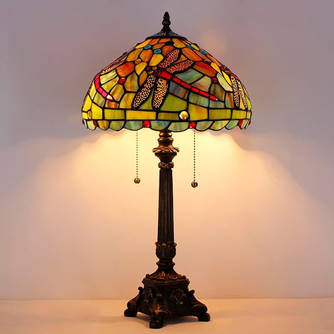 Tiffany Table Lamp Green Red Stained Glass Desk Lamp 12X12X21 Inches Dragonfly Style Reading Light