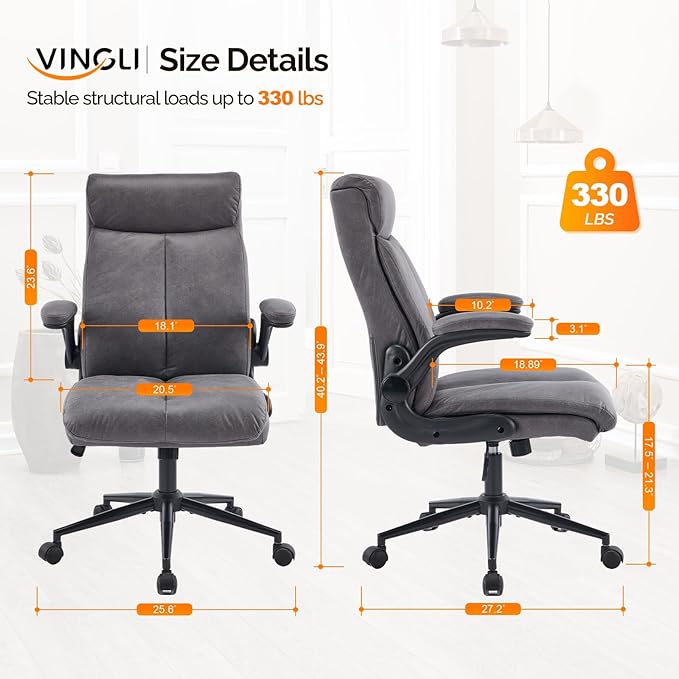 VINGLI Rolling Ergonomic Office Desk Chair with Padded Flip-up Arms, 360° Swivel High Back Executive Computer Task Chair with Wheels for Game,Home Small Space, Study Room, Reading Room,Pu Grey