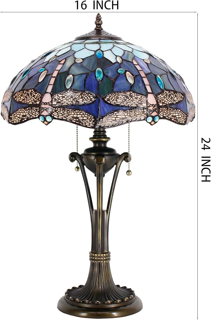 Tiffany Table Lamp Blue Stained Glass Desk Lamp 16X16X24 Inches Dragonfly Style Reading Light