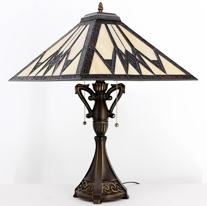 Tiffany Table Lamp Stained Glass Cream Amber Square Geometric Mission Style Desk Reading Light 16X16X24 Inch for Bedroom Living Room Home Office