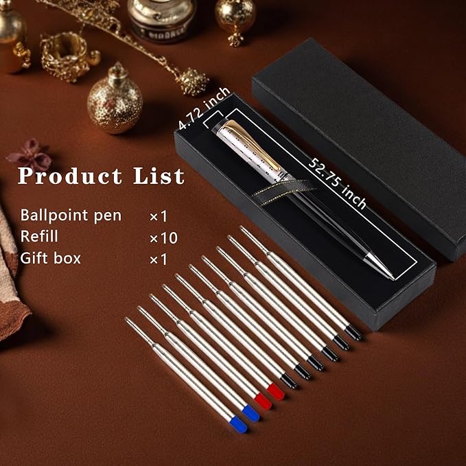 Luxury Ballpoint Pens, Retractable Metal Pen with 10 Refills (Black, Blue, Red) for Smooth Writing - Executive Office Desk Accessories, Ideal Gifts for Professionals, Teachers, Nurses