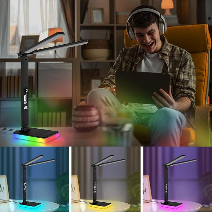LED Desk Lamp with Wireless Charger, USB Charging Port, Dual Swing Arm Desk Light with 5 Brightness, 3 Colors, Table Lamp with Clock, Alarm, Date, Temperature, Desk Lamp for Home Office Study (Black)