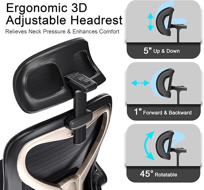 Office Chair for Back & Neck Pain Relief, Virgin Foam Seat, 2D Adjustable Lumbar & 3D Headrest, Flip-Up Armrests, Tilt & Rock for Relaxation, Black/Gold