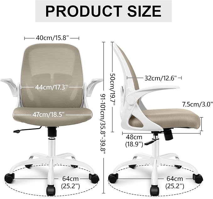 Primy Office Chair Ergonomic Desk Chair with Flip up Armrests Swivel Breathable Desk Mesh Computer Chair with Adjustable Lumbar Support and Height for Conference Room (Khaki)