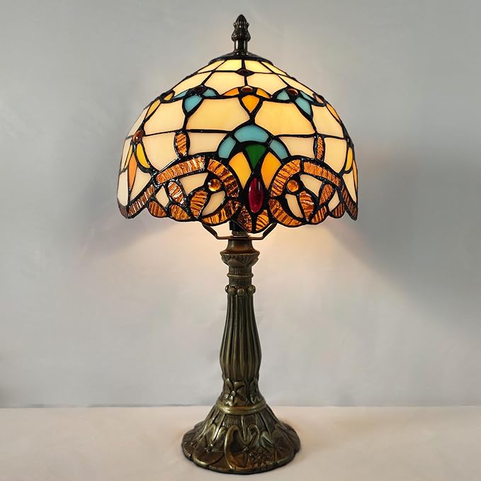 Small Tiffany Table Lamp 8 Inch Tiffany Style Desk Lamp Stained Glass Antique Light Decoration Bedroom Bedside Lamp Retro Reading Lamps (Beige Baroque Style)