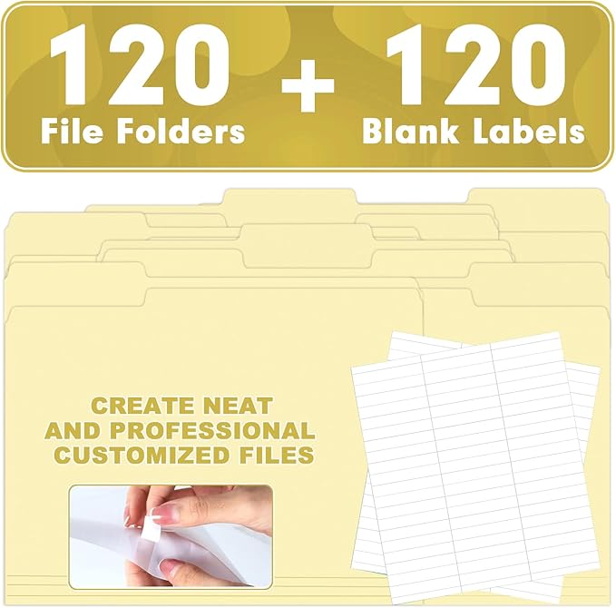 Manila Folders, HERKKA 120 Pack 1/3 Cut Tab File Folders, Manila Folders 8.5 x 11 Designed for Office and Classroom Use, Letter Size