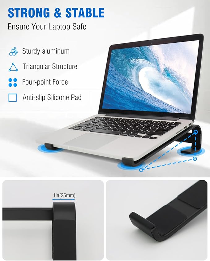 Laptop Stand for Desk, Ergonomic Aluminum Laptop Riser, Sturdy MacBook Stand, Computer Stand Compatible with 12 13.3 14.2 15.3 16.2 Inch MacBook Pro Air/Dell/HP (Black)