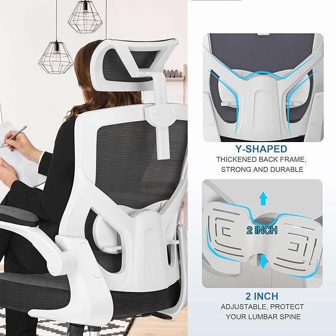 Ergonomic Office Chair with Adjustable Headrest & Lumbar Support - High Back Desk Chair with Flip-Up Arms, 360 Swivel Executive Computer Task Chair (Modern, Black-White Frame)