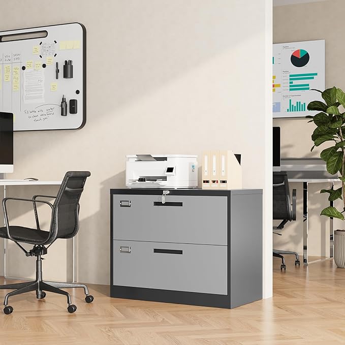 Lateral File Cabinet, Metal Filing Cabinet with Lock, 2 Drawer File Cabinets for Home Office, Office Cabinet for Hanging Files Letter/Legal/F4/A4, Assembly Required, Black Grey