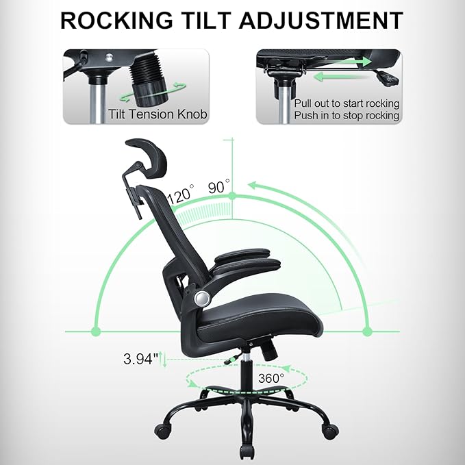 Ergonomic Office Chair,High Back Mesh Desk Chair with Adjustable Lumbar Support & Headrest Home Office Computer Swivel Executive Task Chair with Flip-Up Armrests (Dark Black)