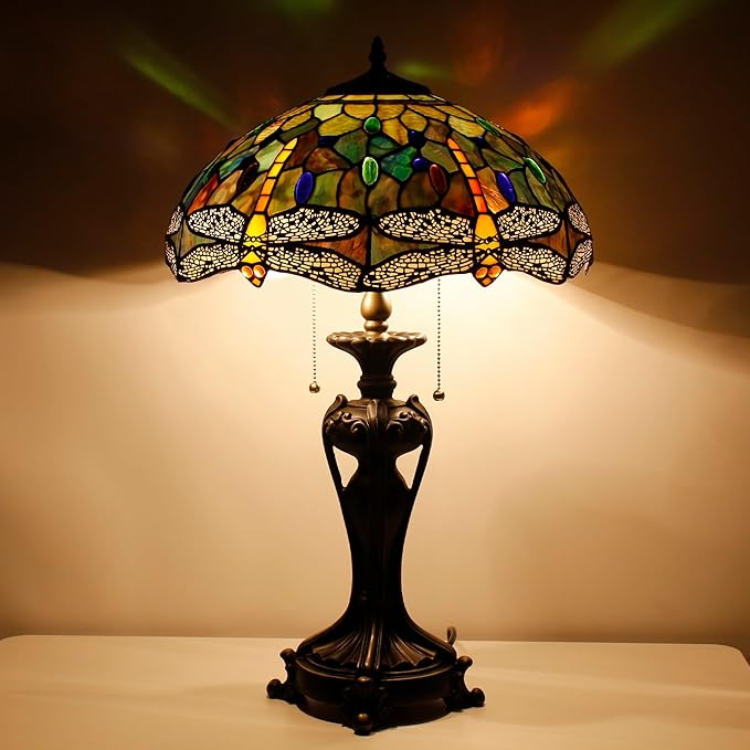 Tiffany Stained Glass Table Lamp 16X16X24 Inch Amber Yellow Dragonfly Style Desk Bedroom Living Room Antique Reading Light (Amber Yellow)
